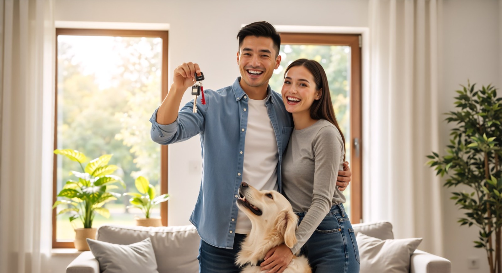 A couple holding the keys to their new home